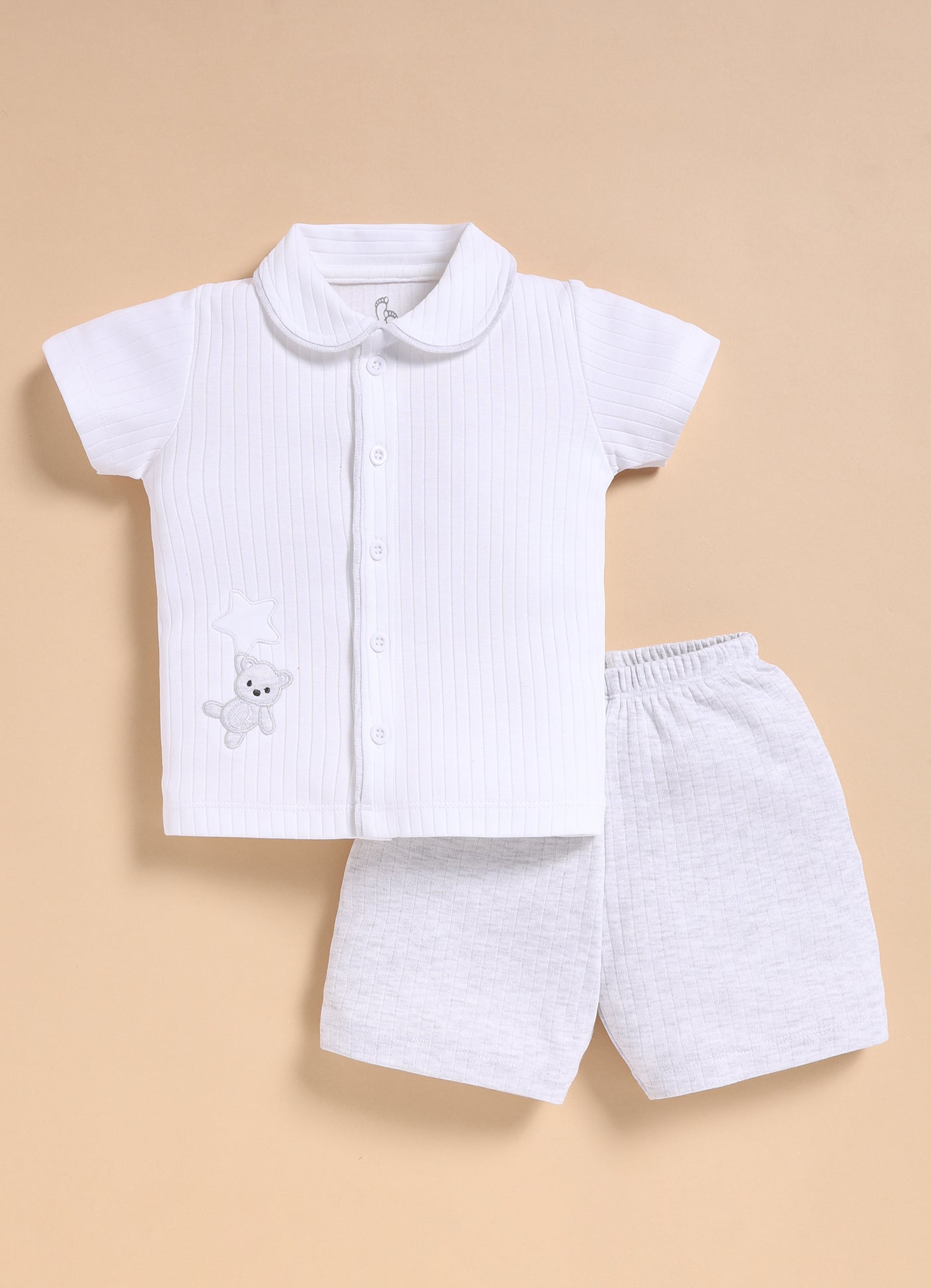Half-Sleeve Top & Bottom For Boys - White Melange Sweet Teddy