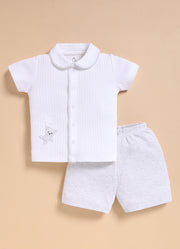 Half-Sleeve Top & Bottom For Boys - White Melange Sweet Teddy