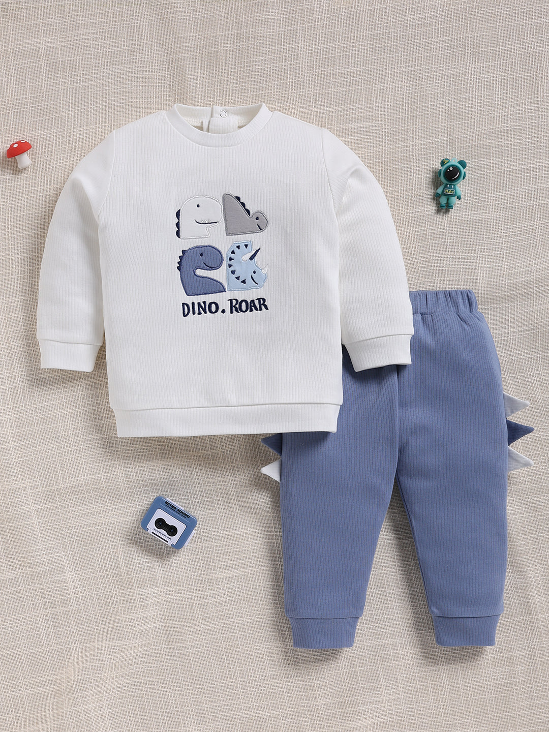 Top & Bottom for Boys - Navy Blue Dino Roar Embroidered
