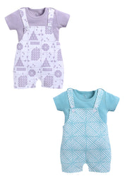 Half Sleeve Dungaree for Boys - Sea Green & Off-White