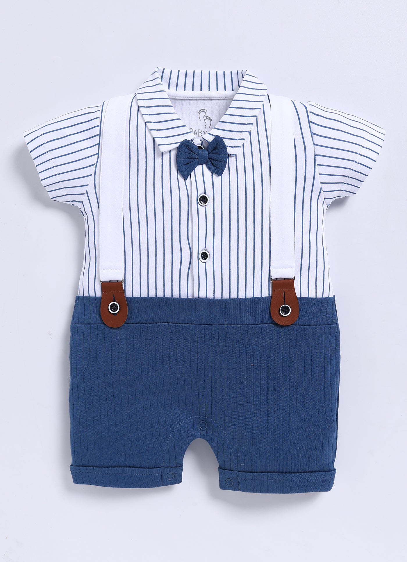 Half-Sleeve Romper for Boys – White Classic Suspender Style