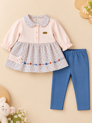 Grid Printed Collared Fleece-Lined Full Sleeve Top and Bottom for Girls - Light Pink & Blue
