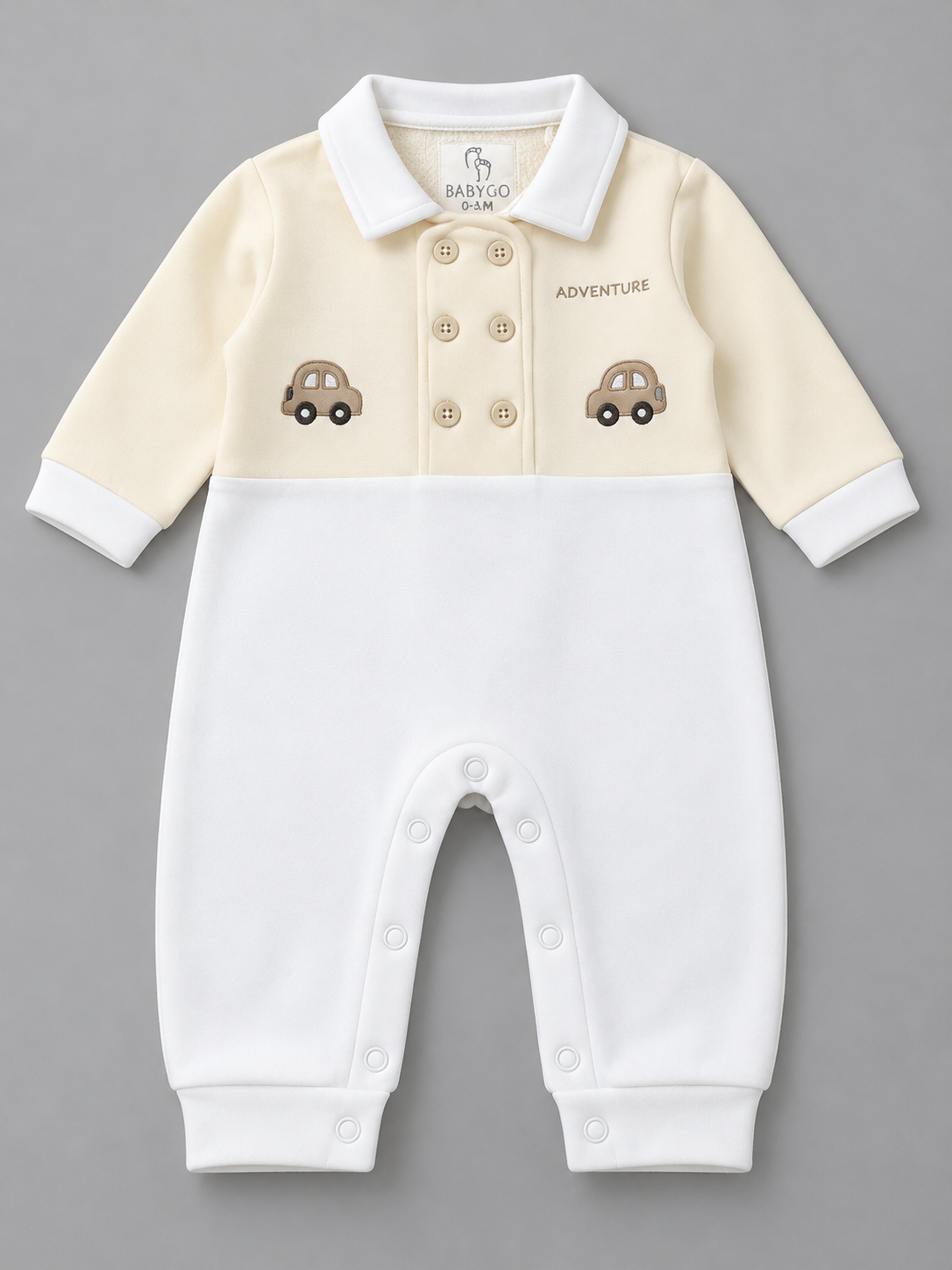 Little Adventure Car Embroidered Double-Breasted Full Sleeve Romper for Boys - Cream & White