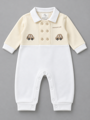 Little Adventure Car Embroidered Double-Breasted Full Sleeve Romper for Boys - Cream & White
