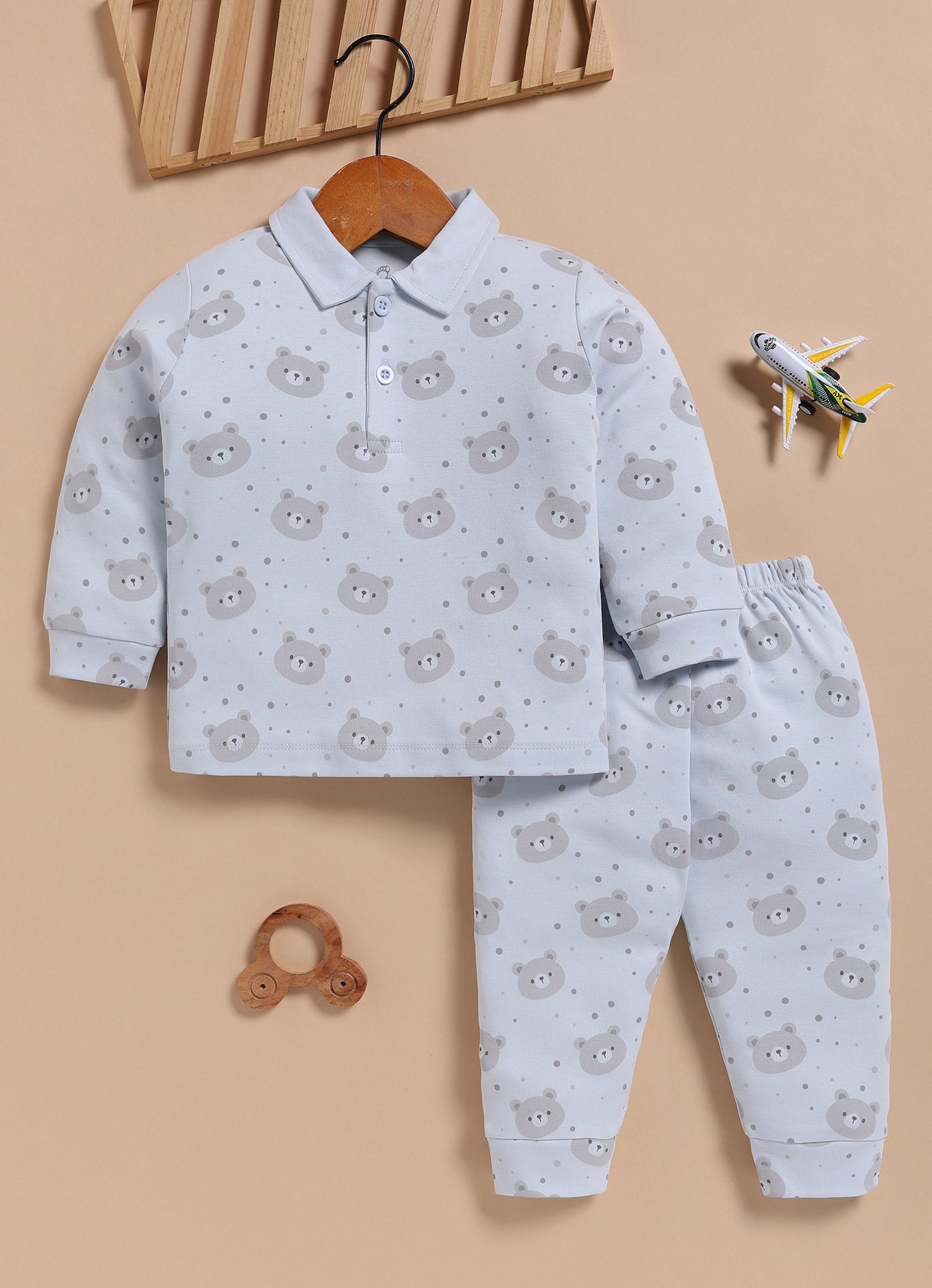 Full-Sleeve Top & Bottom For Boys - Sky Blue Bear
