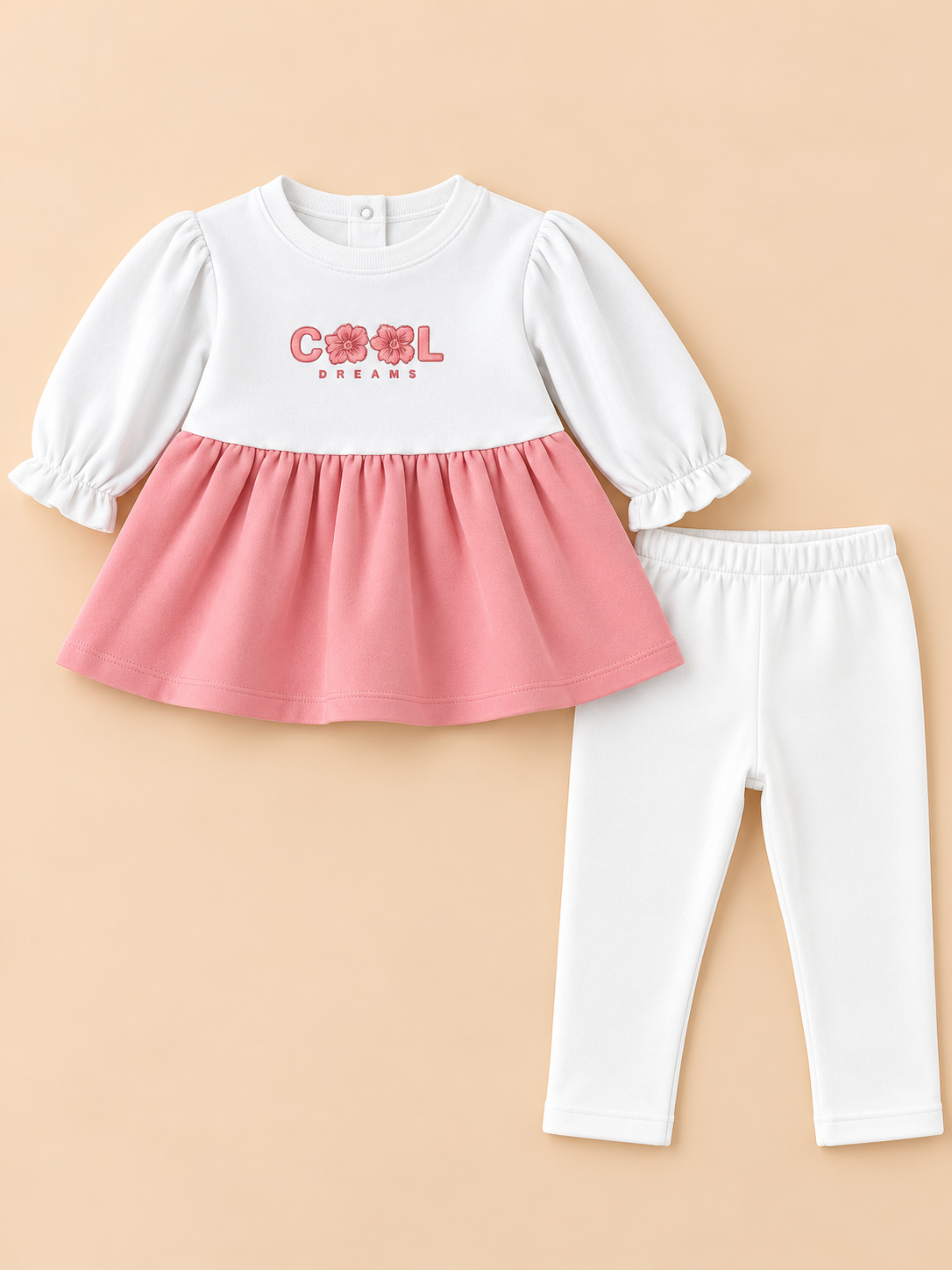 Cool Dreams Floral Lettered Color-Blocked Full Sleeve Top and Bottom for Girls - White & Pink