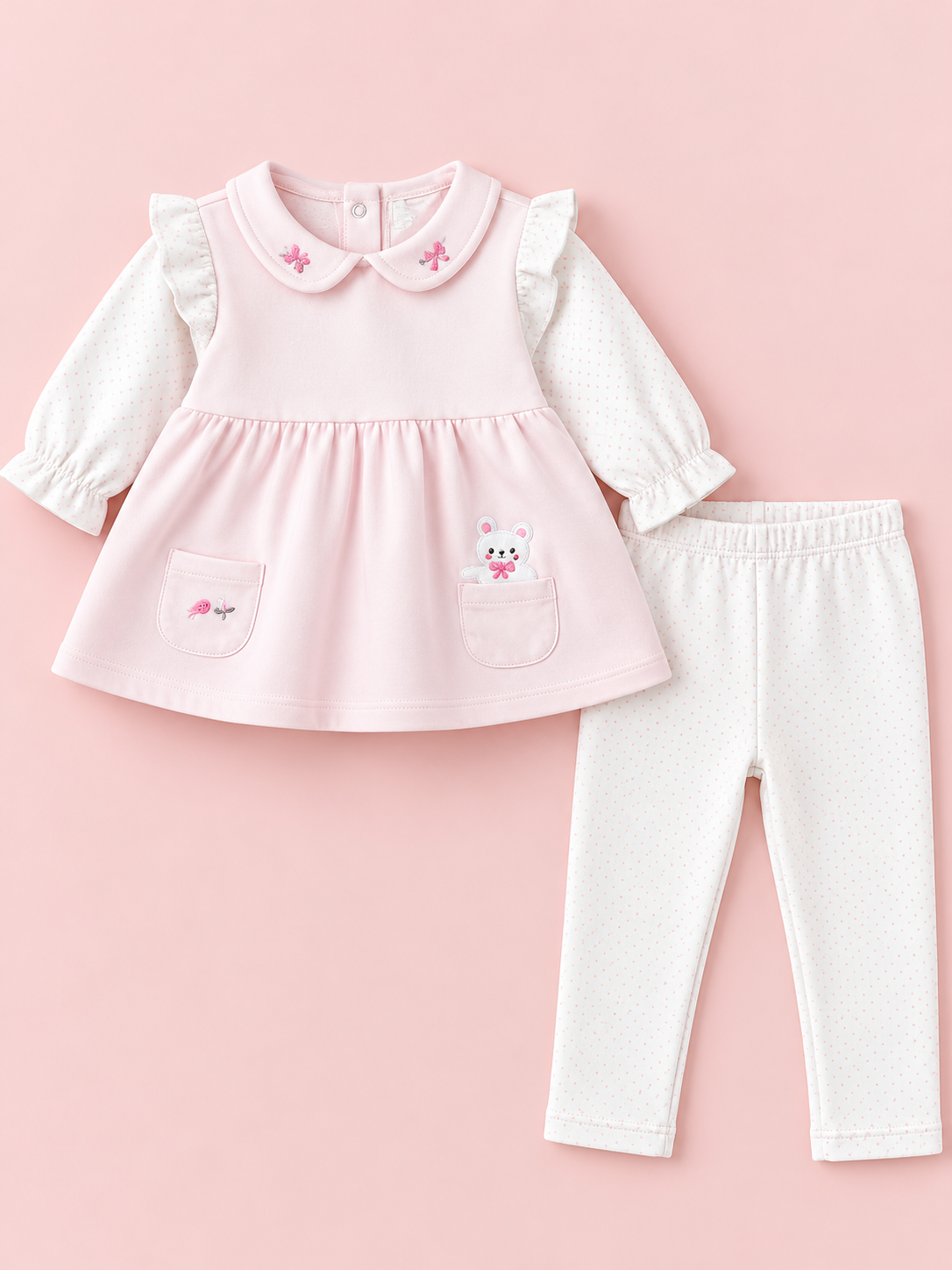 Bunny Bear Pocket Collared Polka Dot Full Sleeve Top and Bottom for Girls - Soft Pink & Off-White