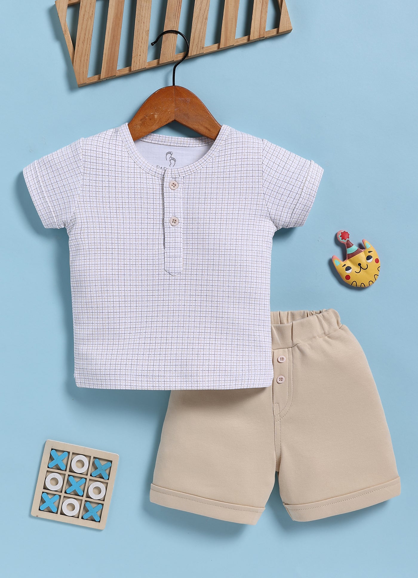 Half-Sleeve Top & Bottom For Boys - Beige Buttoned