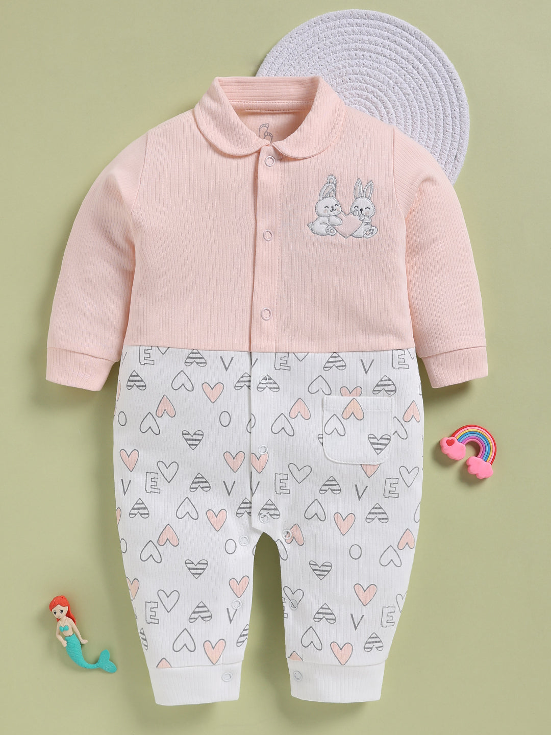 Full Sleeve Romper for Girls – Pink Collared Ribbed