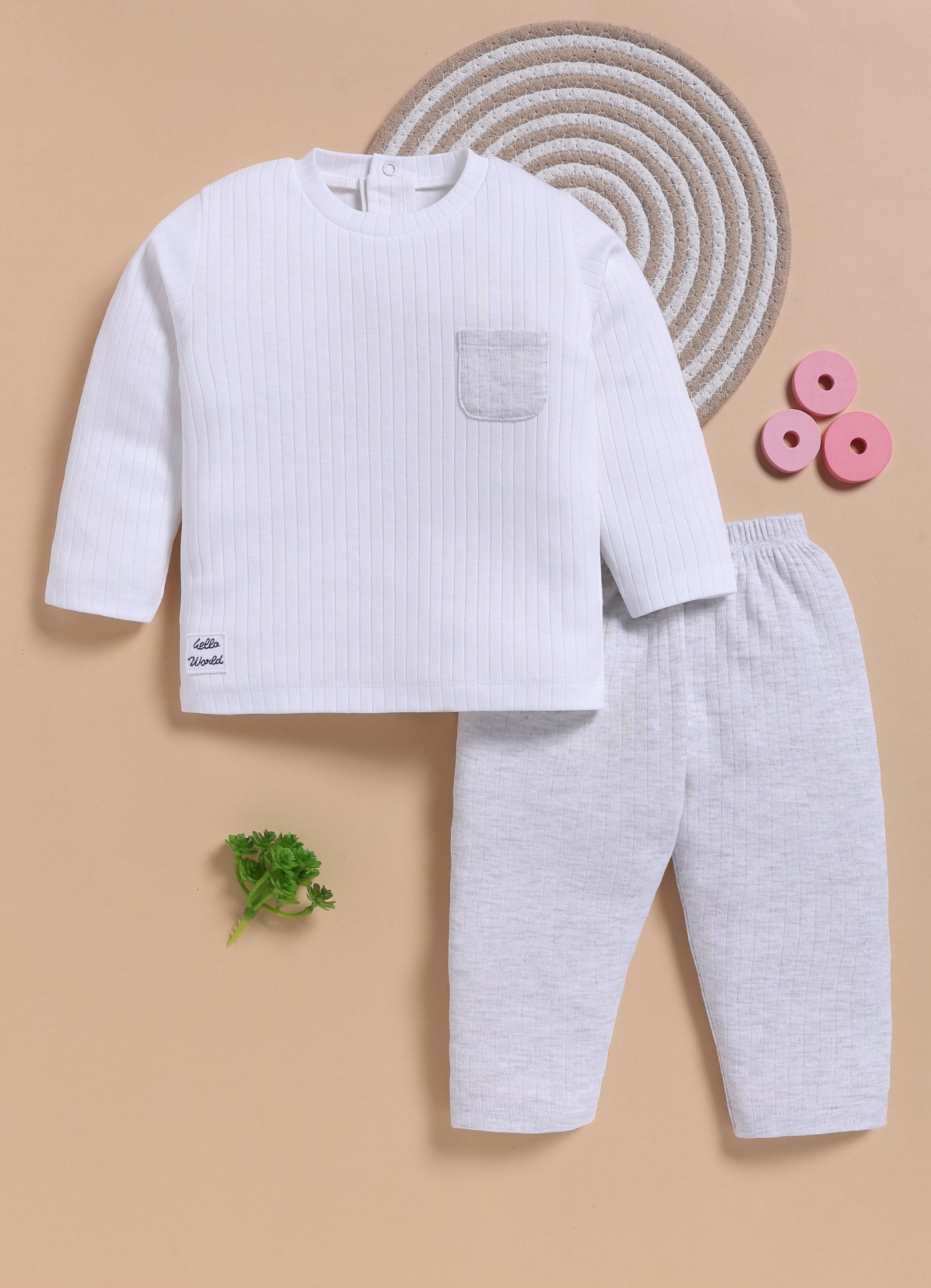 Full-Sleeve Top & Bottom Set for Boys â€“ White with Pocket