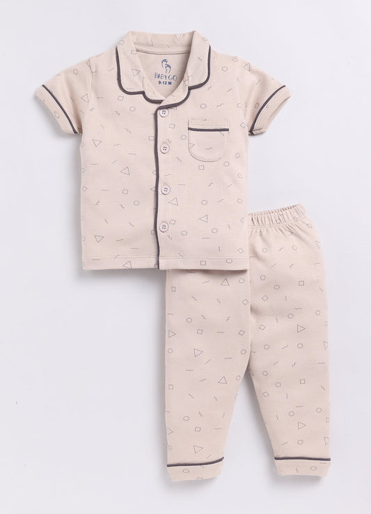 Baby Boy Printed Half Sleeves Night Suit-BEIGE