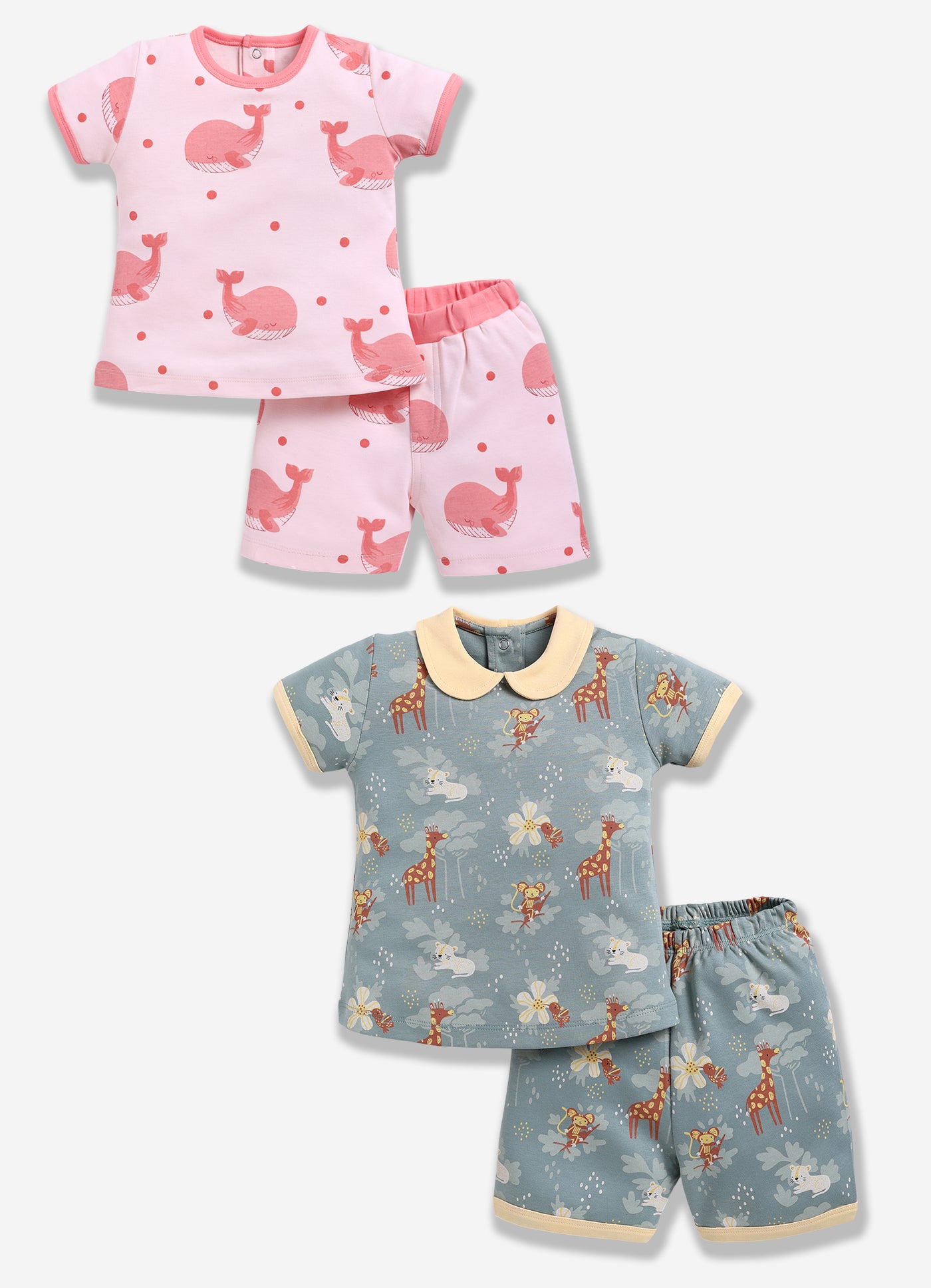 Half-Sleeve Top & Bottom For Girls - Salmon & Olive