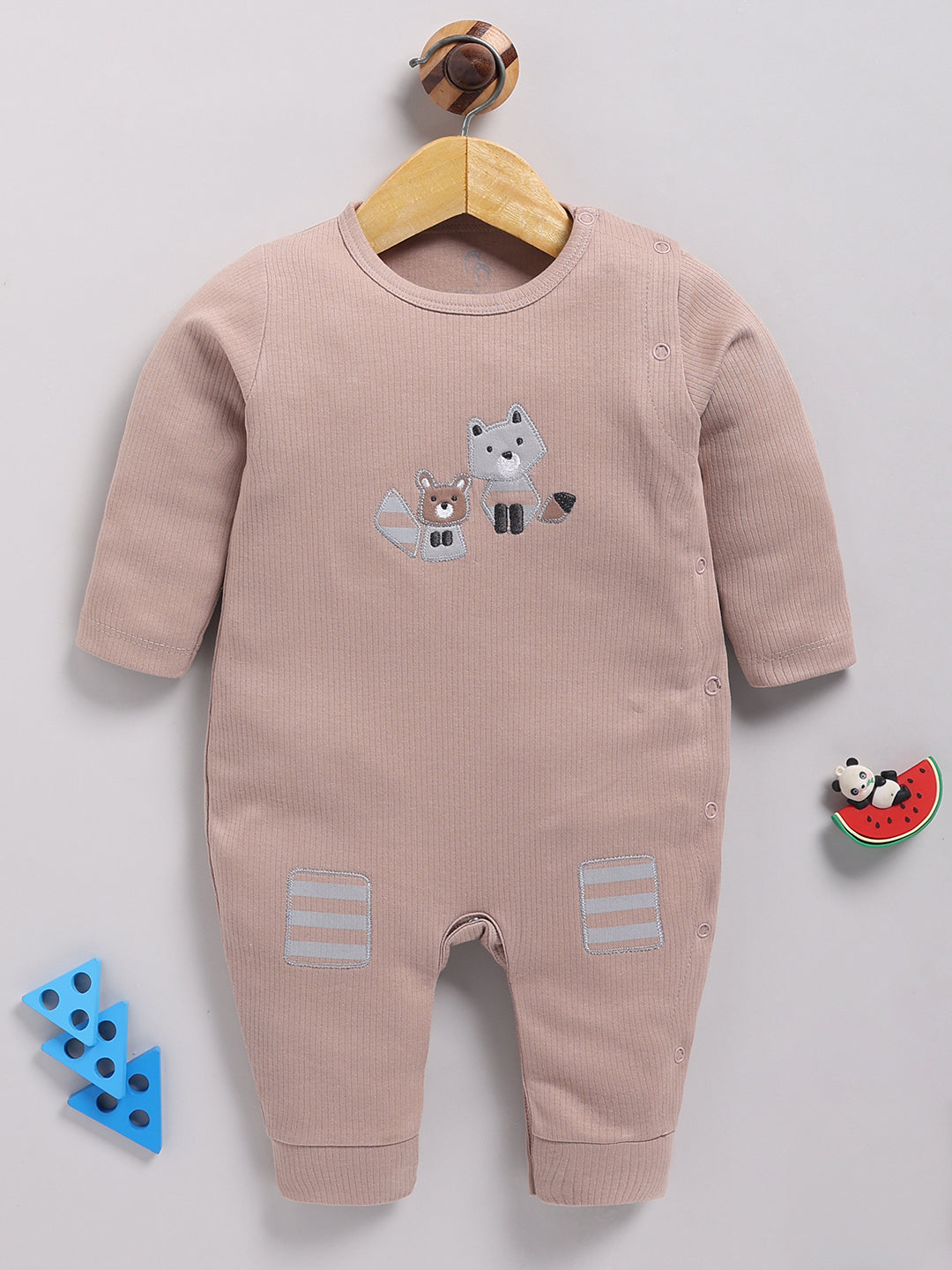 Full Sleeve Romper for Boys – Dusty Pink Woodland Animal Ribbed