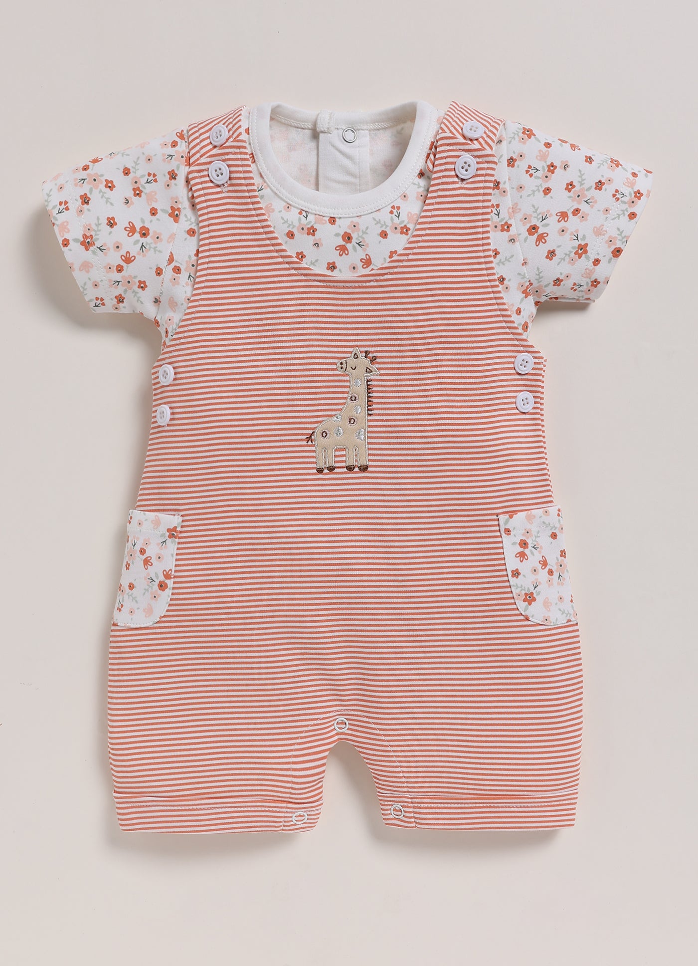Half Sleeve Dungaree for Girls - Pink Simple Giraffe