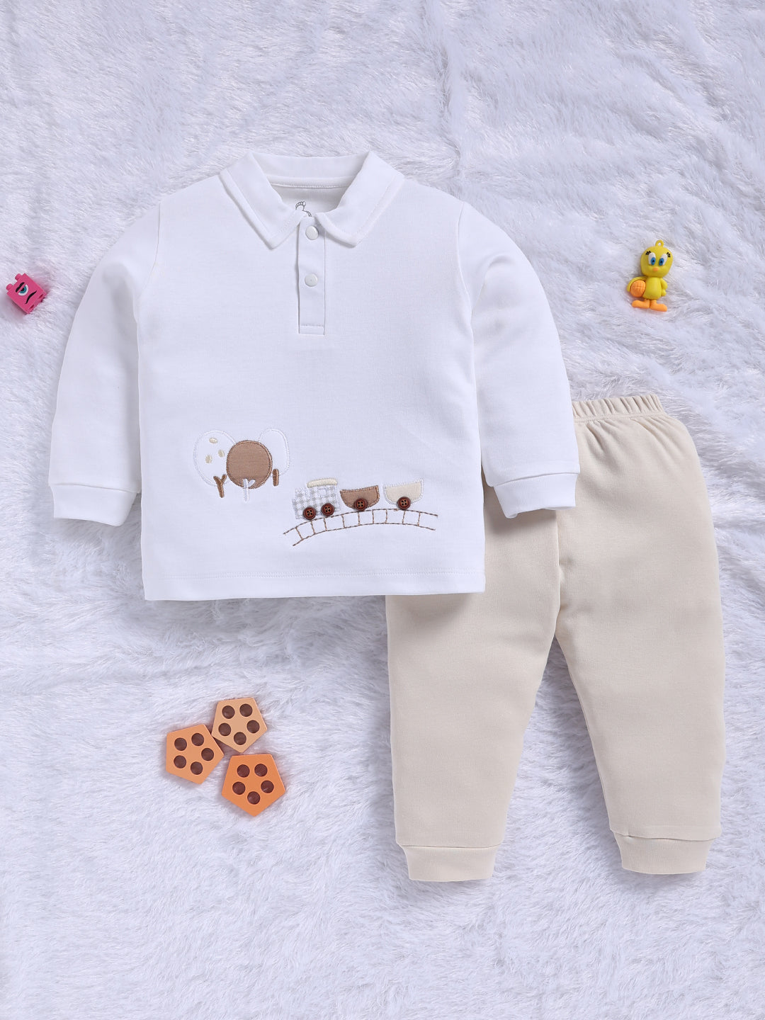 Top & Bottom for Boys - Cream Train Graphic Polo