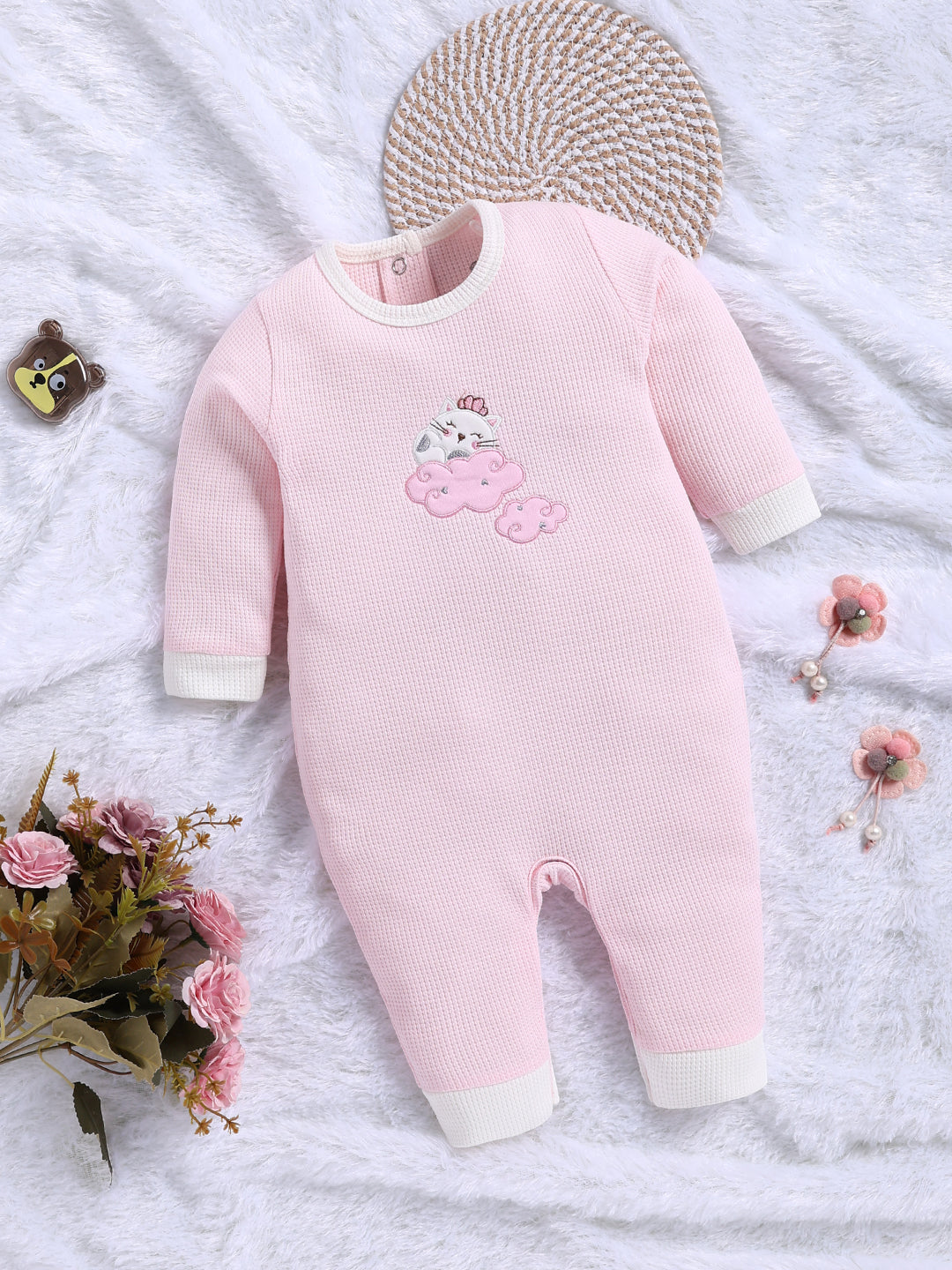 Full Sleeve Romper for Girls – Pink Waffle Knit