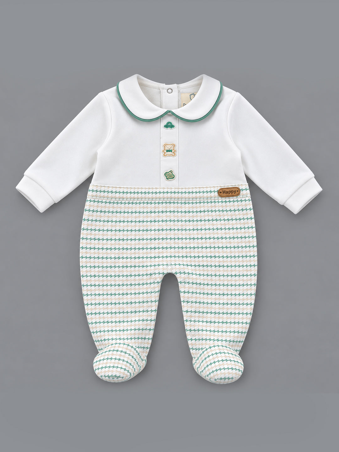 Classic Houndstooth Collared Footed Full Sleeve Romper for Boys - White & Beige