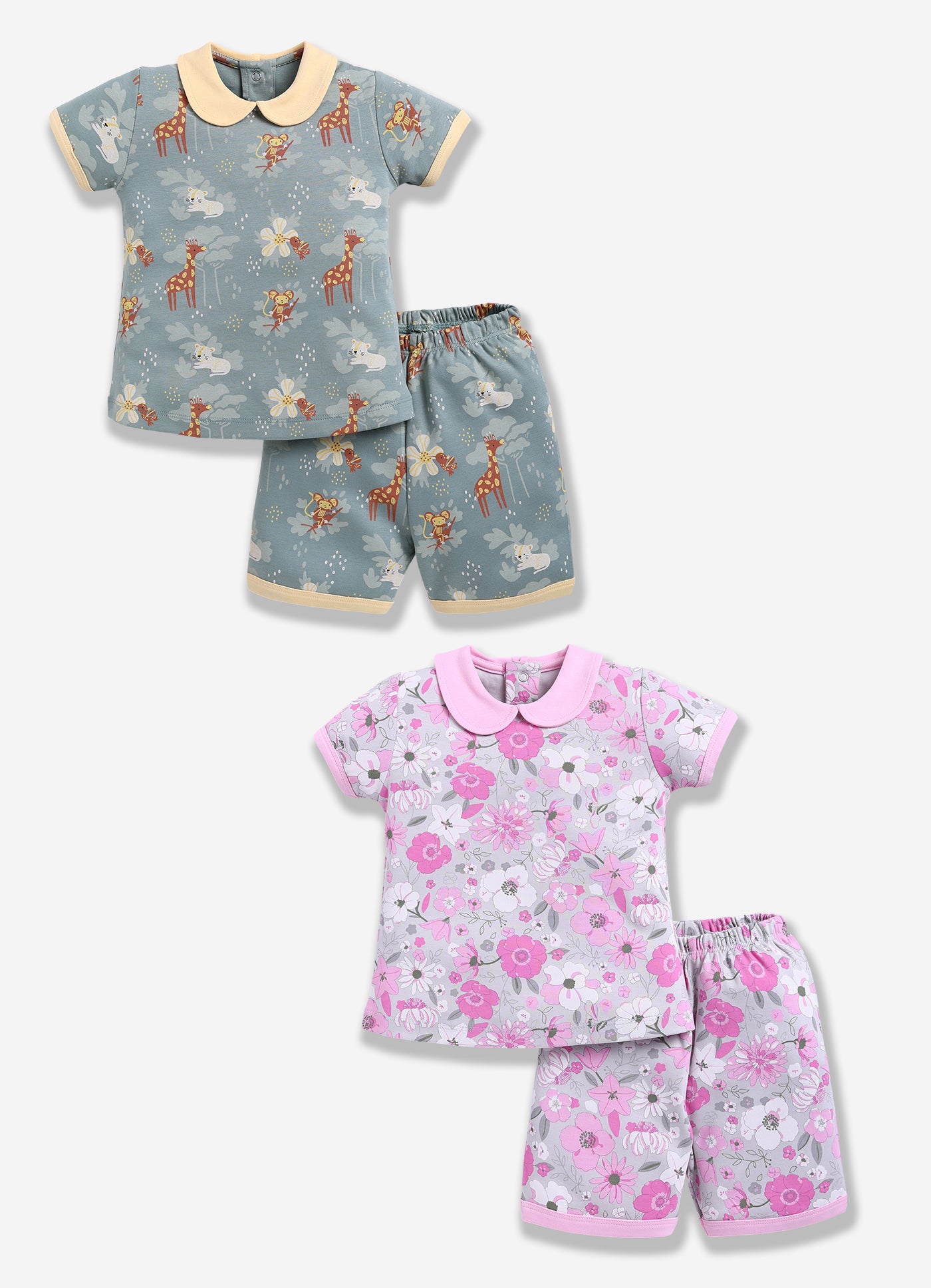Half-Sleeve Top & Bottom For Girls - Pink & Olive