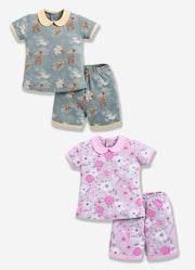 Half-Sleeve Top & Bottom For Girls - Pink & Olive