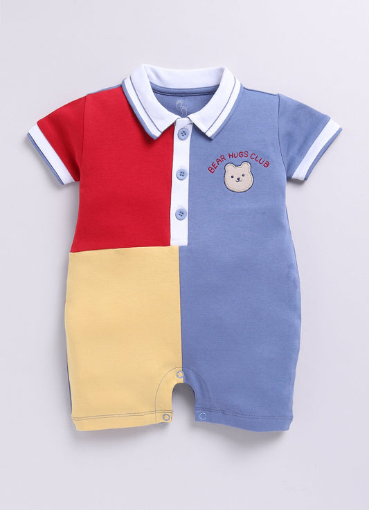 Color Block Baby Boy Romper with Bear Embroidered-Red