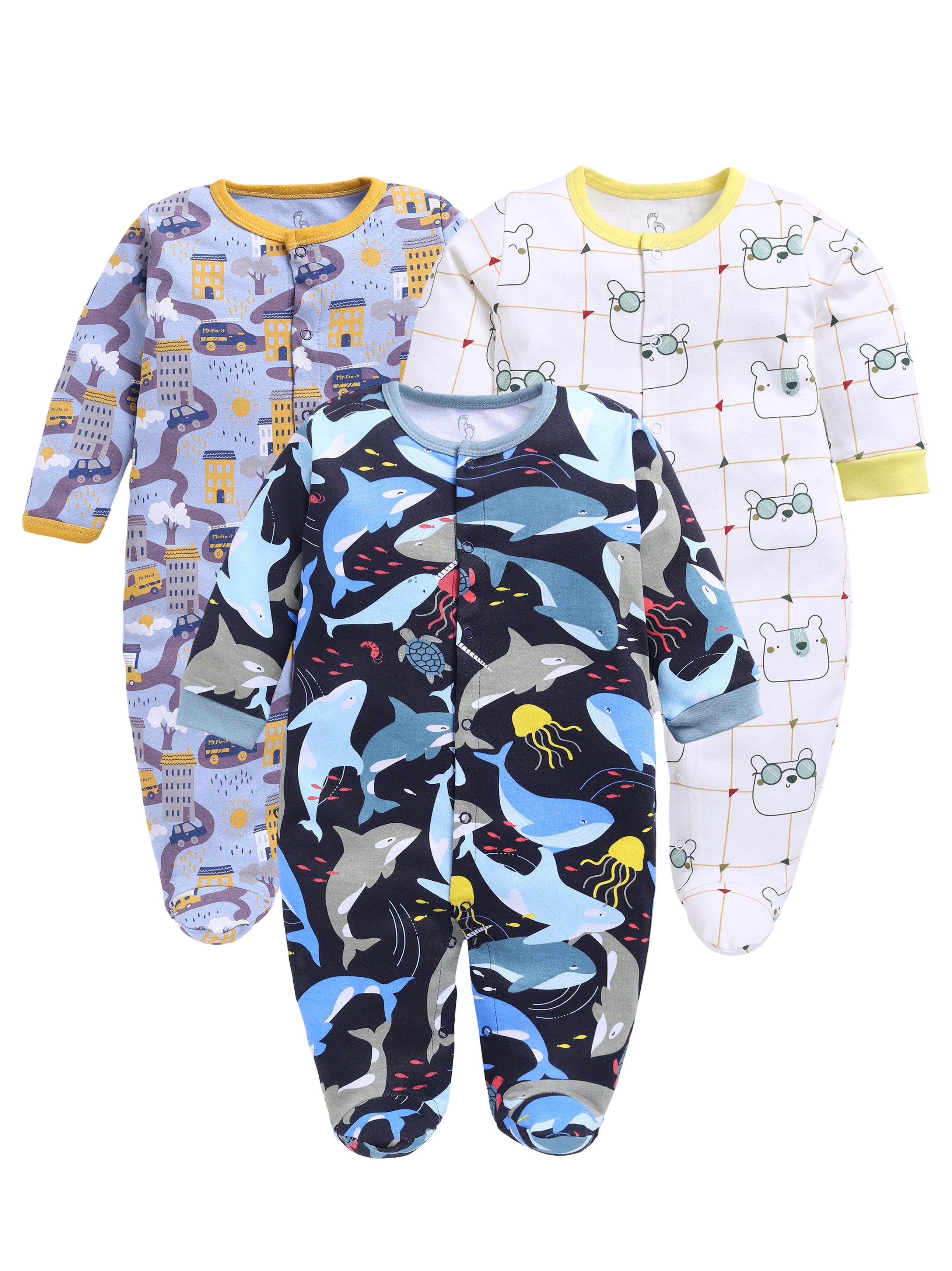 Full Sleeve Romper for Boys - Yellow & Green & Navy