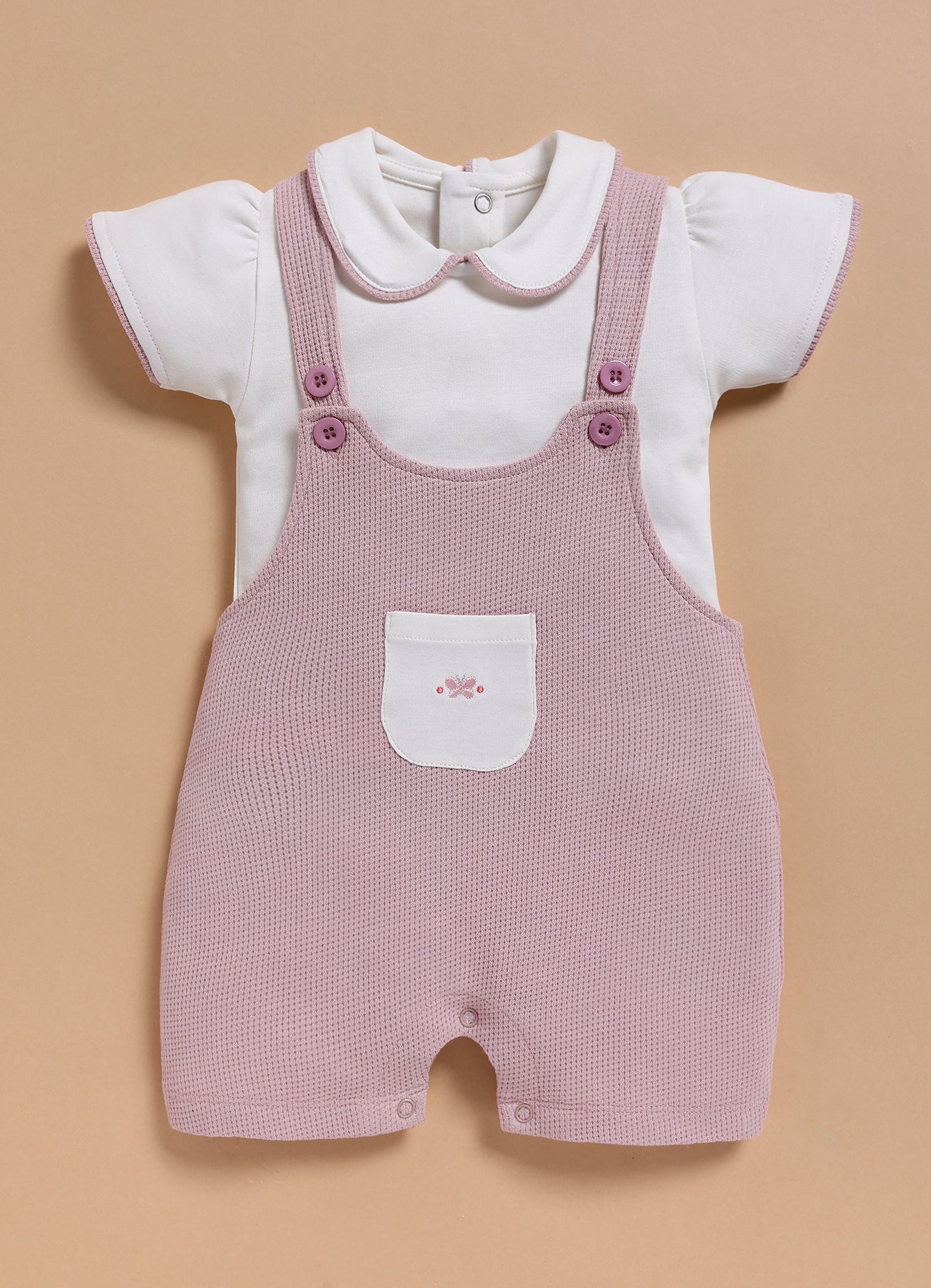 Half Sleeve Dungaree for Girls - Mauve Butterfly Pocket