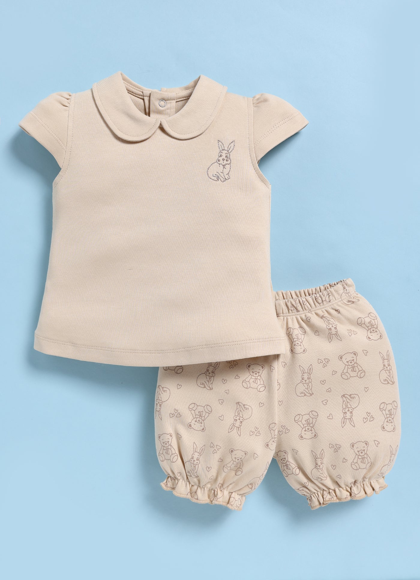 Half-Sleeve Top & Bottom For Girls - Beige Sweet Bunny