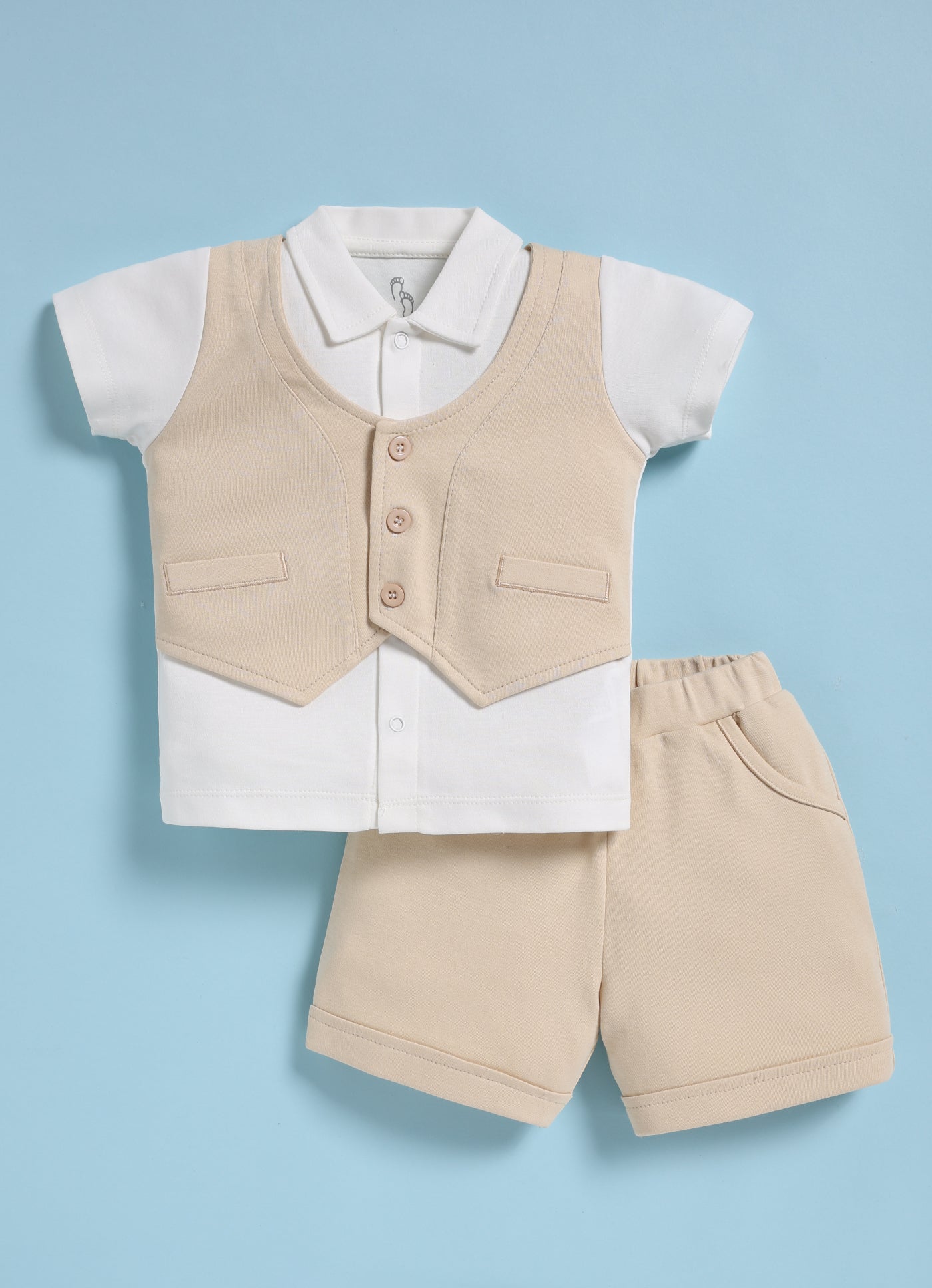Half-Sleeve Top & Bottom For Boys - Cream with Jacket