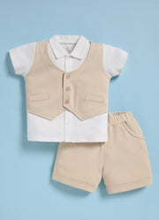 Half-Sleeve Top & Bottom For Boys - Cream with Jacket