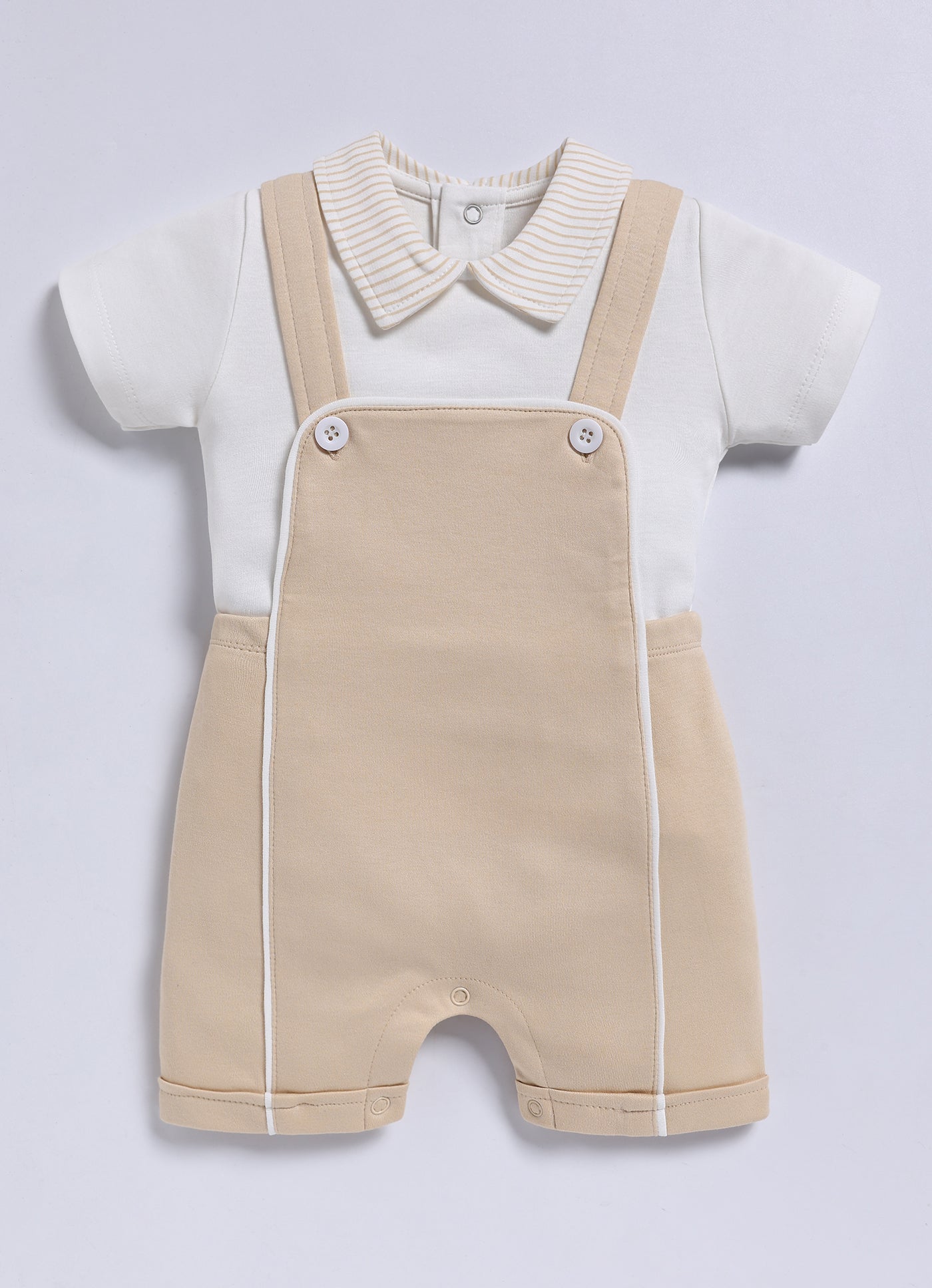 Half Sleeve Dungaree for Boys - Beige Striped Collar