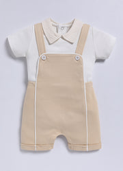 Half Sleeve Dungaree for Boys - Beige Striped Collar