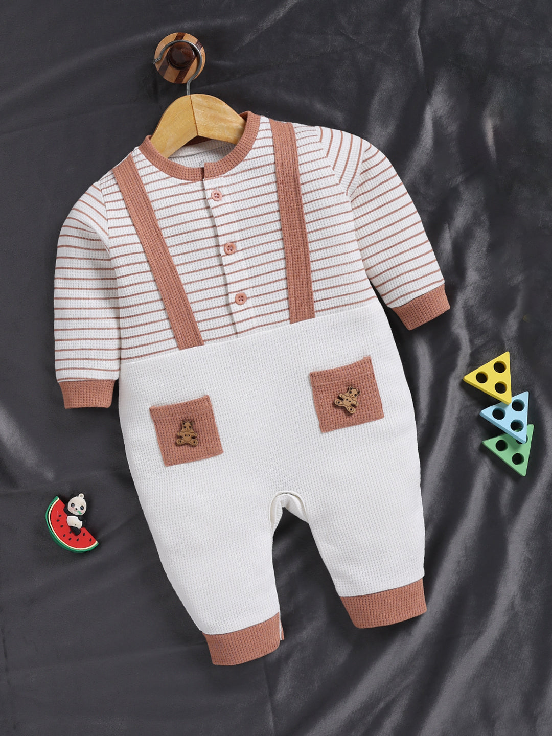 Full Sleeve Romper for Boys – Brown Waffle Knit