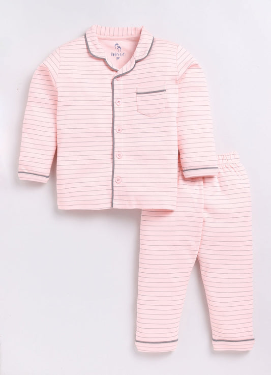 Stripped Printed Comfy Baby Girl Night Suit-PEACH
