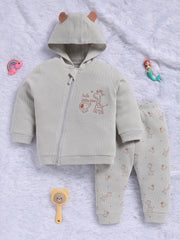 Top & Bottom for Boys - Cream Beige Giraffe Waffle-Knit Hoodie & Pants Set