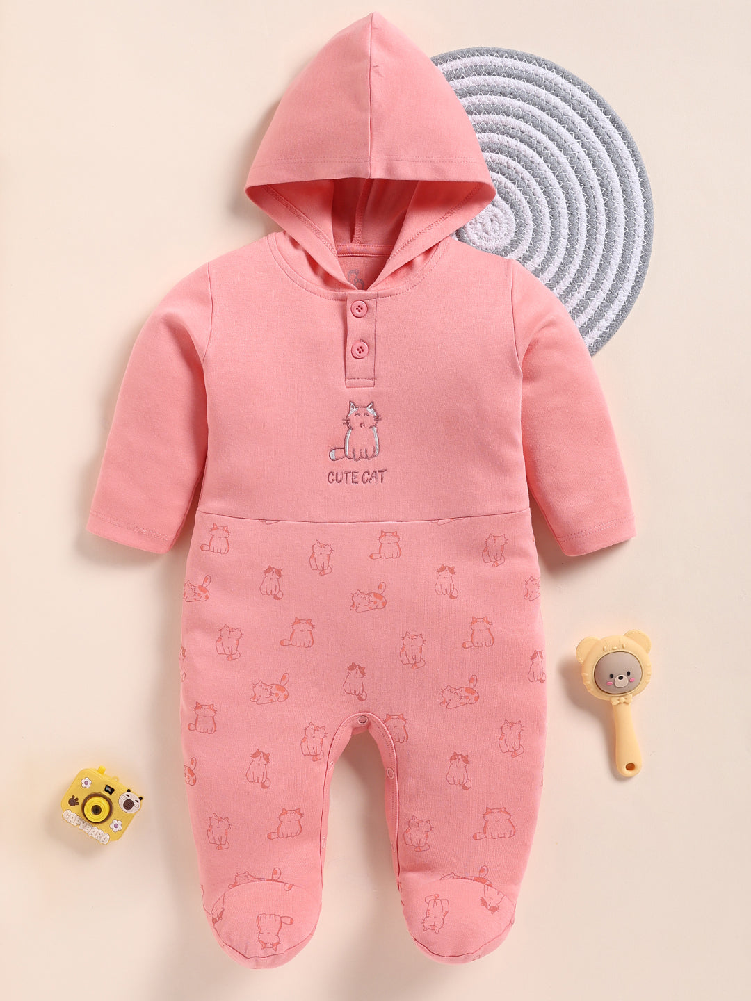 Full Sleeve Romper for Girls - Peach Pink Cute Cat with Hood