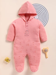 Full Sleeve Romper for Girls - Peach Pink Cute Cat with Hood