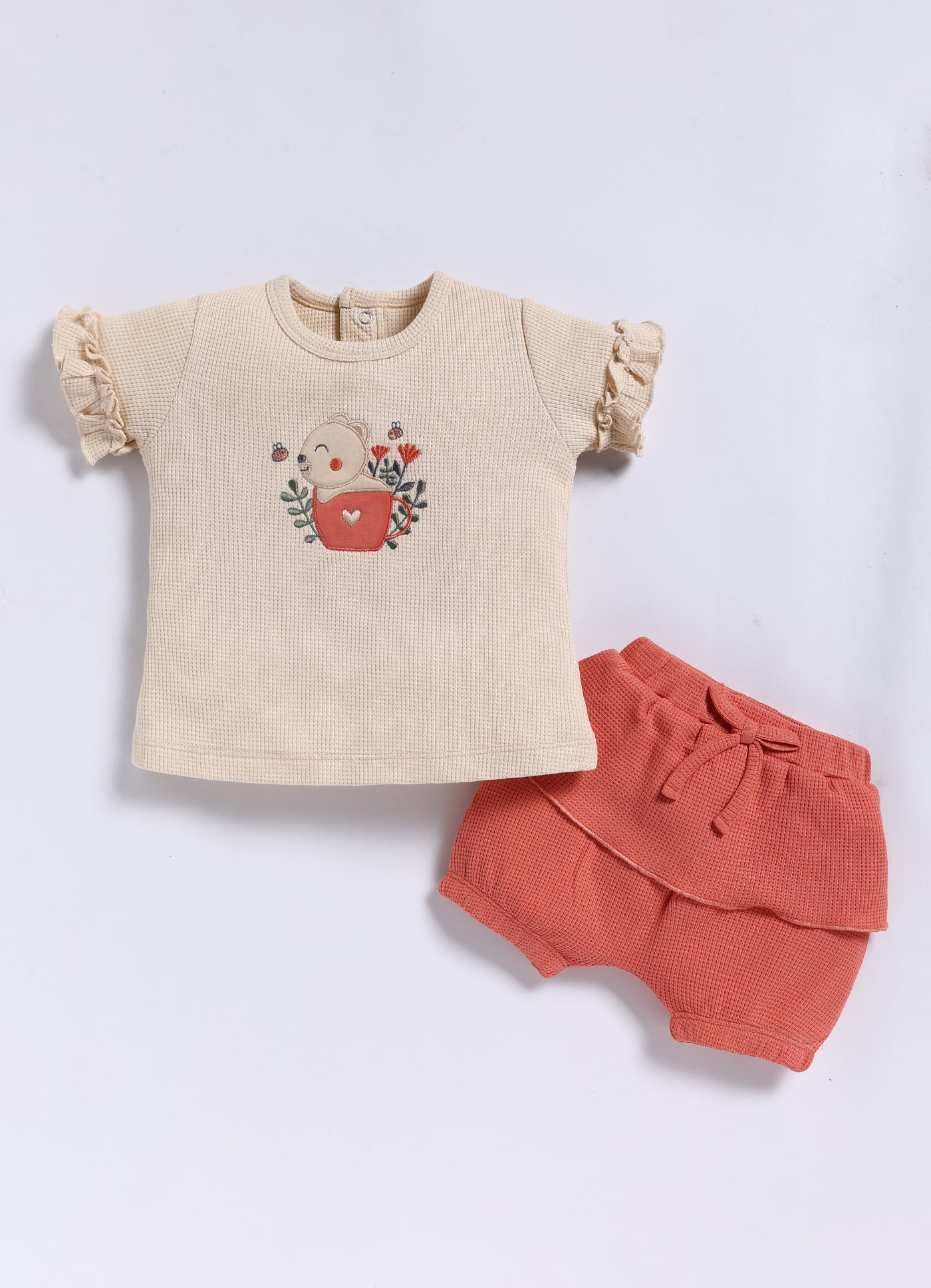 Half-Sleeve Top & Bottom For Girls - Peach Blossom Bear