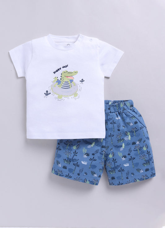 Baby Boy Happy Crocodile Printed Half T Shirt & Short Playdate Outfit-Sky
