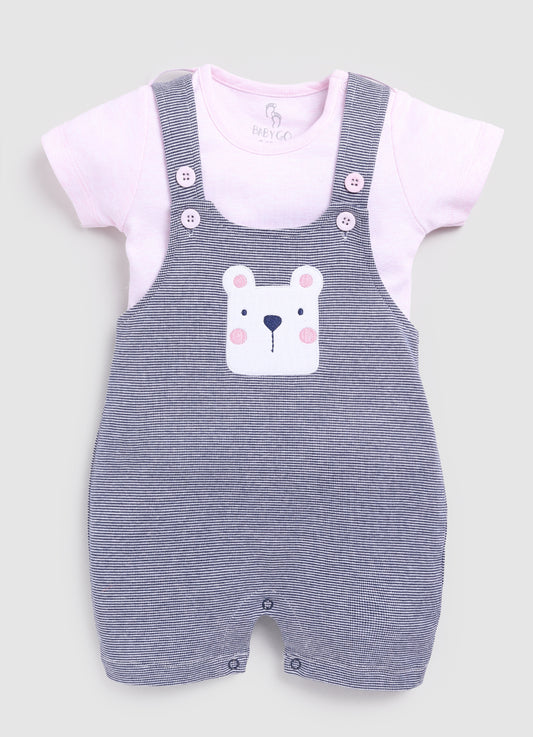 Cute Bear Dungaree For Baby Girl-Blue