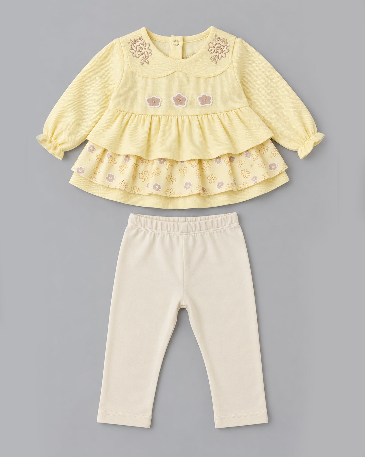 Floral Ruffled Waffle Knit Full Sleeve Top and Bottom for Girls - Light Yellow & Off-White