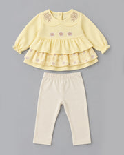 Floral Ruffled Waffle Knit Full Sleeve Top and Bottom for Girls - Light Yellow & Off-White