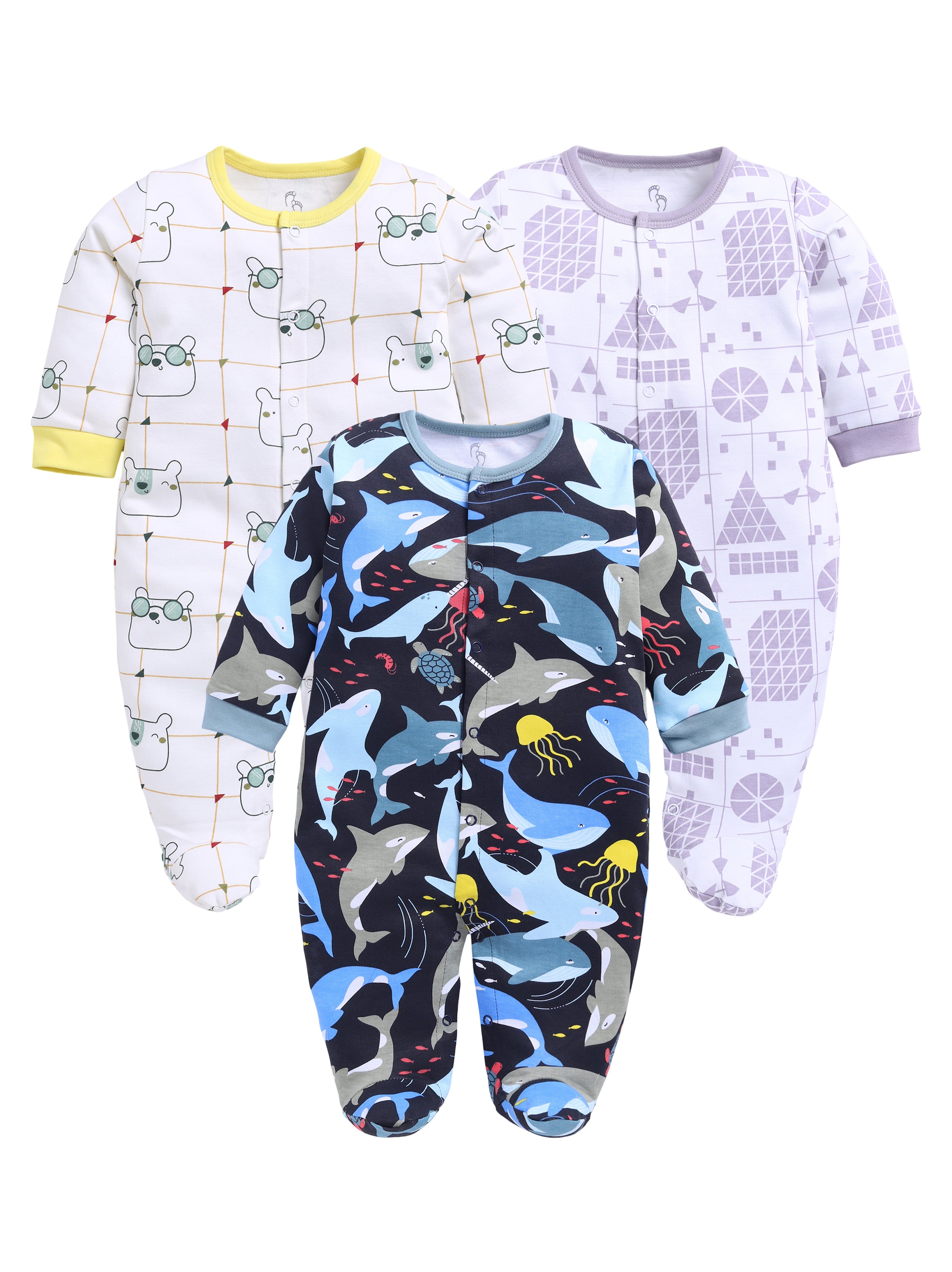 Full Sleeve Romper for Boys - Off-White & Green & Navy
