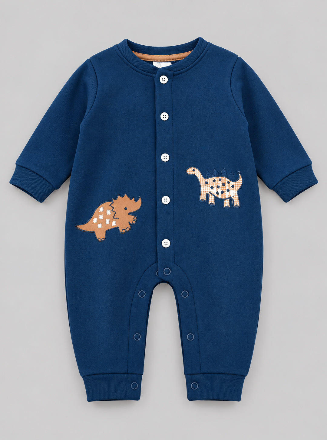 Dino Explorer Embroidered Fleece-Lined Full Sleeve Romper for Boys - Navy Blue