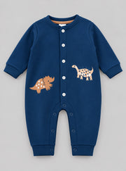 Dino Explorer Embroidered Fleece-Lined Full Sleeve Romper for Boys - Navy Blue