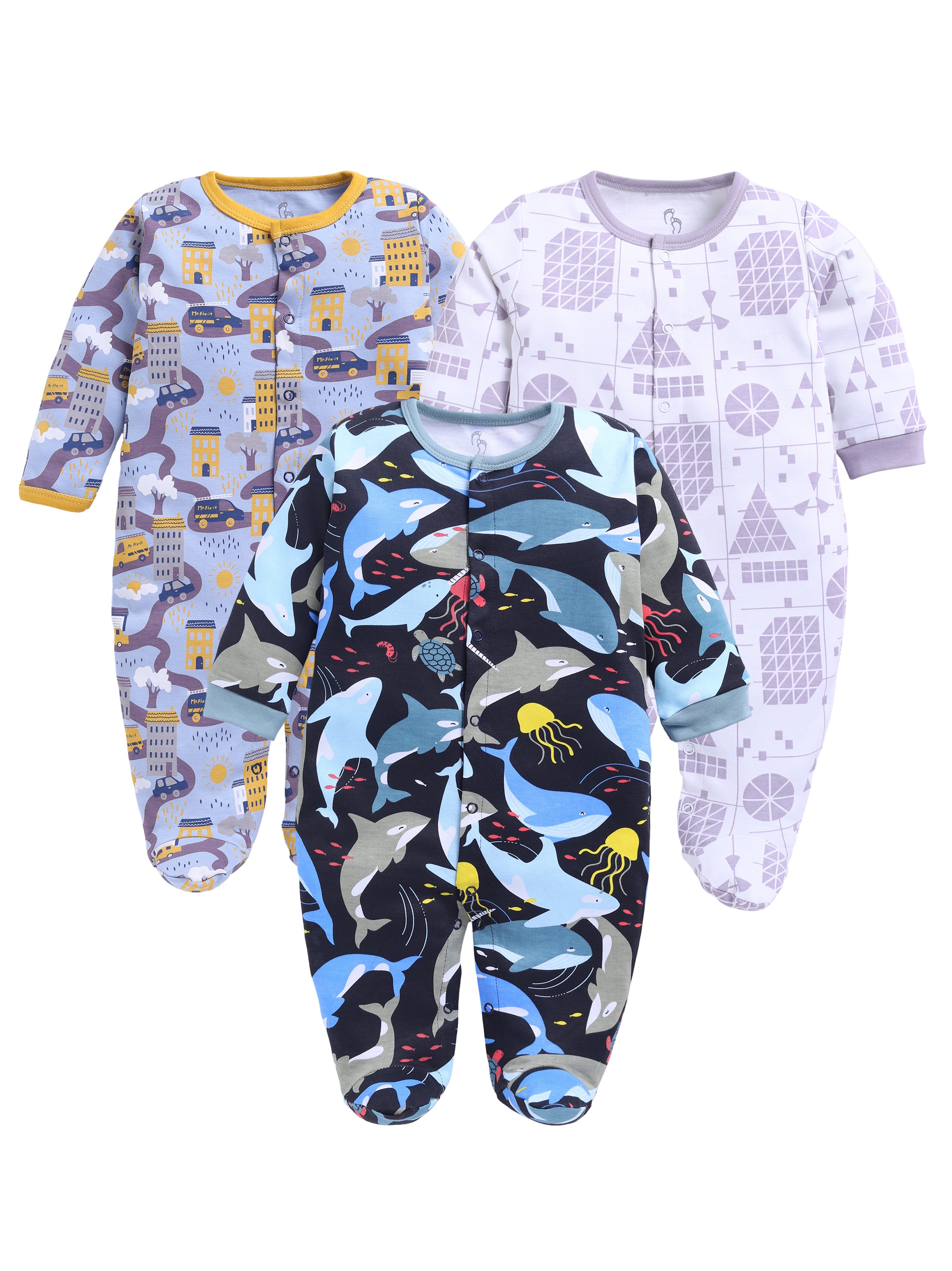 Full Sleeve Romper for Boys - Yellow & Off-White & Navy