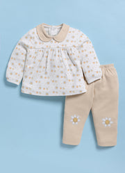 Full-Sleeve Top & Bottom For Girls - Beige Flowers