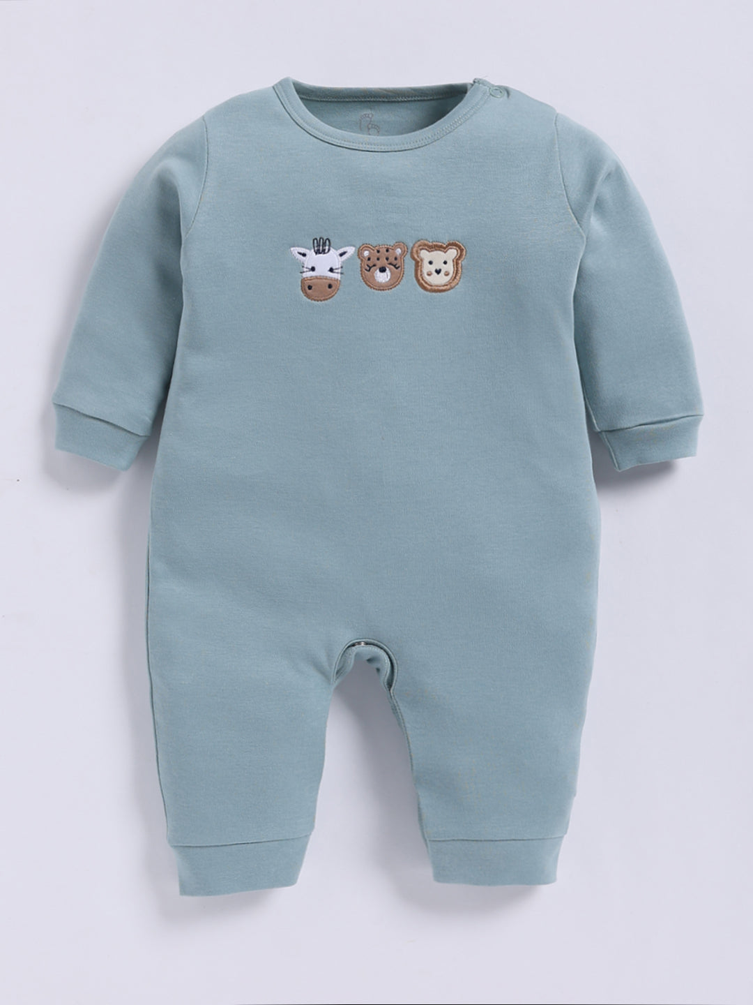 Full Sleeve Romper for Boys – Dusty Blue Animal Embroidered