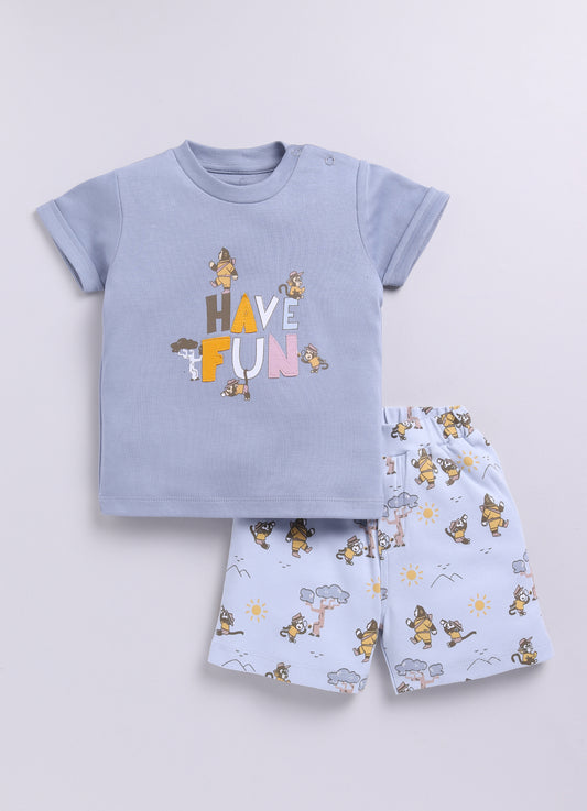 Baby Boy Have Fun printed Half T-Shirt and Shorts Set-Blue