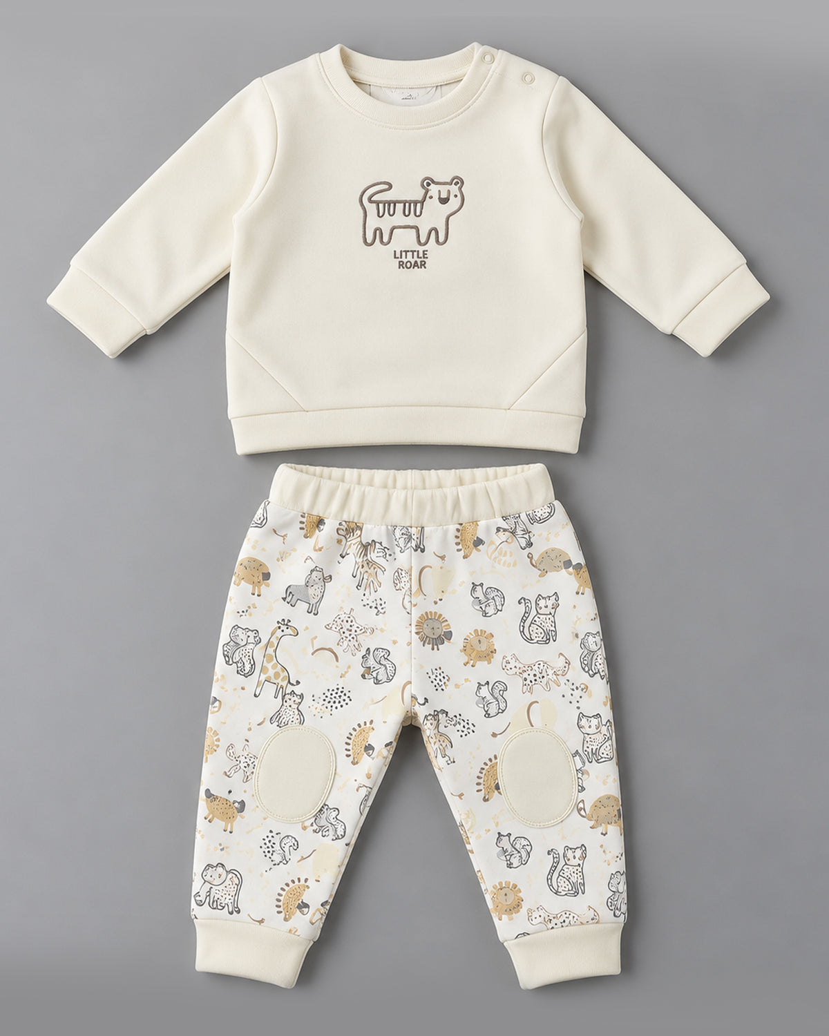Little Roar Animal Printed Fleece-Lined Knee-Patched Full Sleeve Top and Bottom for Boys - Off-White & Beige