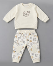 Little Roar Animal Printed Fleece-Lined Knee-Patched Full Sleeve Top and Bottom for Boys - Off-White & Beige